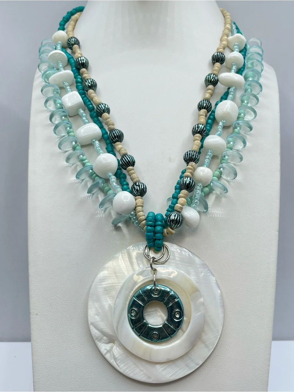 Mother Of Pearl Disc Multi Strand Beaded Beach Statement Necklace Boho Bold